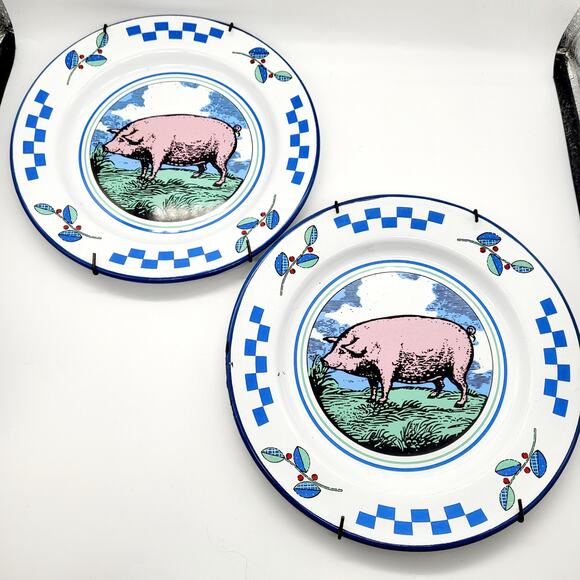 Vtg Midwest Importers Barnyard Animals Enamel Pig Checkered Display Metal Plates - Picture 2 of 11